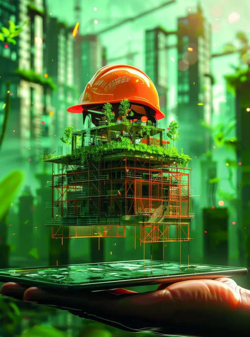 Edifício em estrutura sobre um modelo digital, com capacete de obra no topo